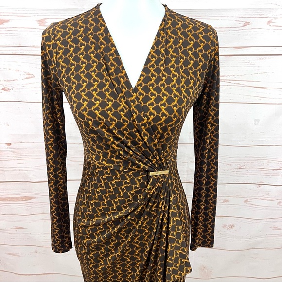 Michael Kors Espresso Chain Link Print Stretch Jersey Faux Wrap Dress - Picture 3 of 14